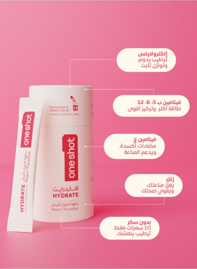 ون شوت ترطيب يومي خالٍ من السكر. معادن وفيتامينات متعددة بنكهة الخوخ الأبيض المنعشة (١٤ ظرف) - Image 4